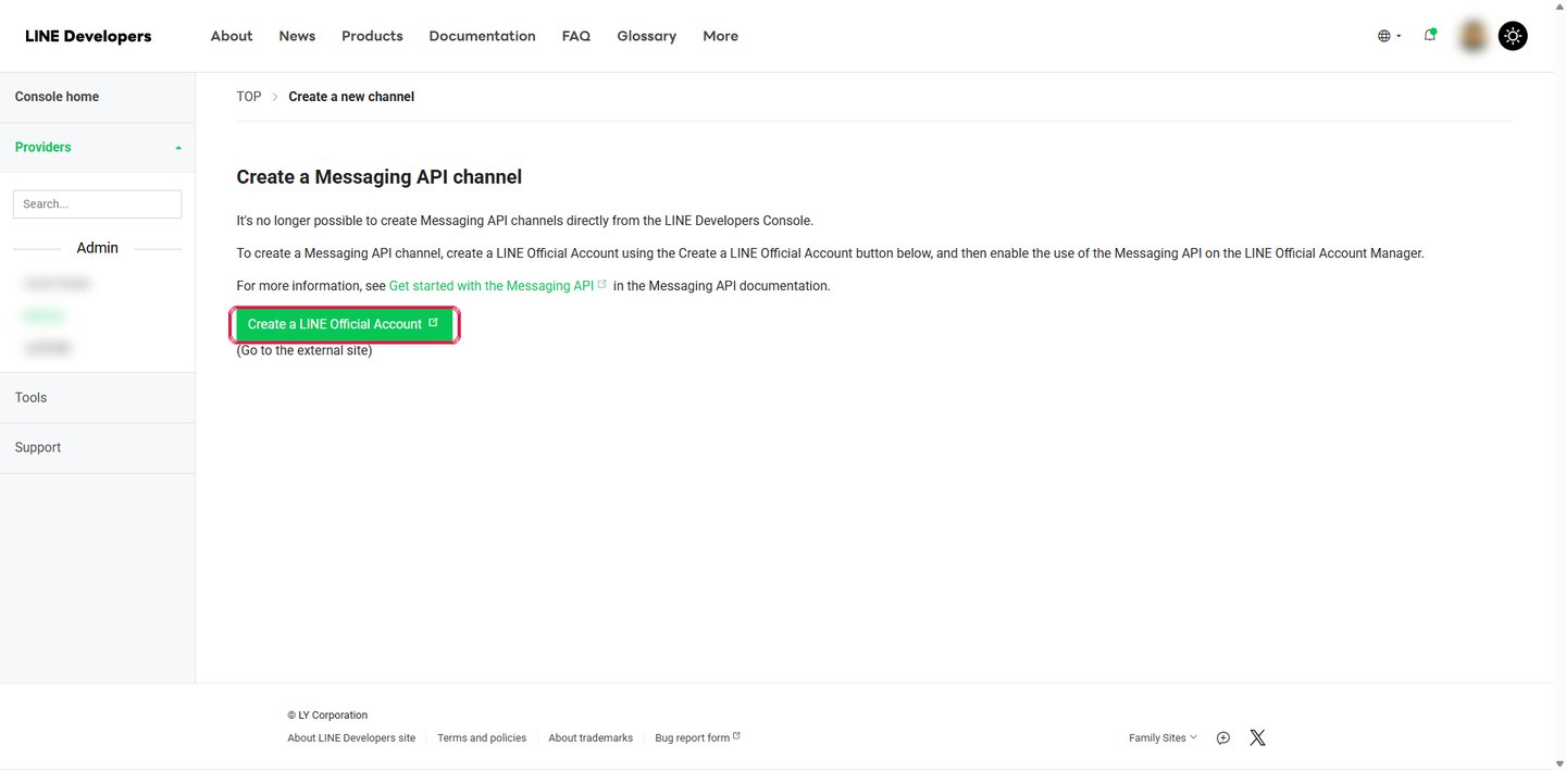 畫面會提示先建立 LINE 官方帳號，點「Create a LINE Official Account」。